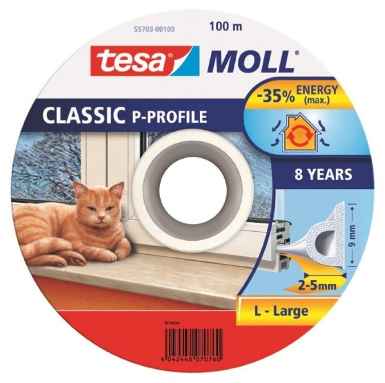 tesamoll® Gumové tesnenie, biele, na okná a dvere, P profil, bubon 100 m