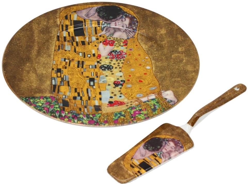 Home Elements Porcelánový okrúhly tanier na tortu s lyžicou – Klimt, Bozk zlatý