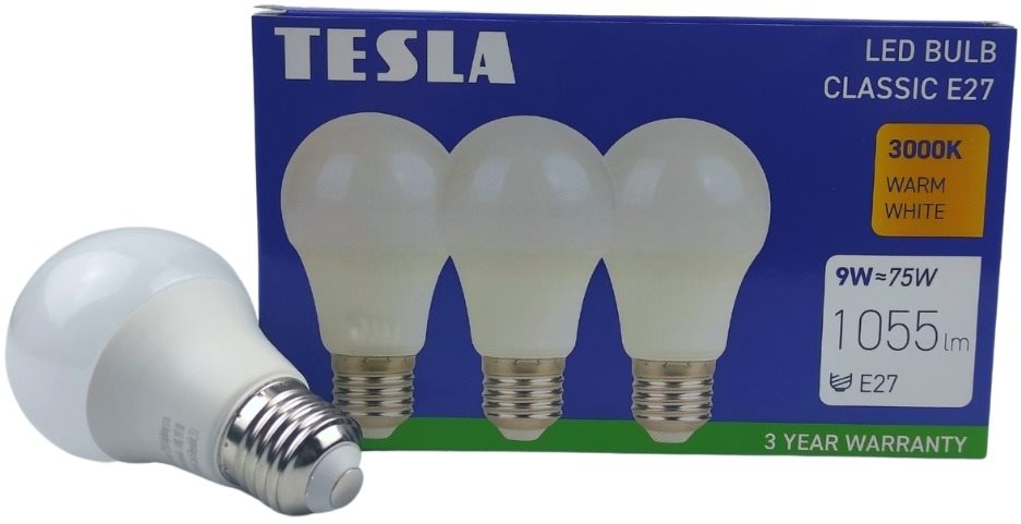Tesla – LED žiarovka BULB E27, 9 W, 230 V, 1 055 lm, 25 000 h, 3 000 K teplá biela, 220st 3 ks v balení