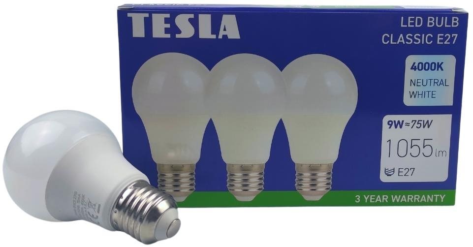 Tesla – LED žiarovka BULB E27, 9 W, 230 V, 1055 lm, 25000 h, 4000 K denná biela, 220 st. 3 ks v balení