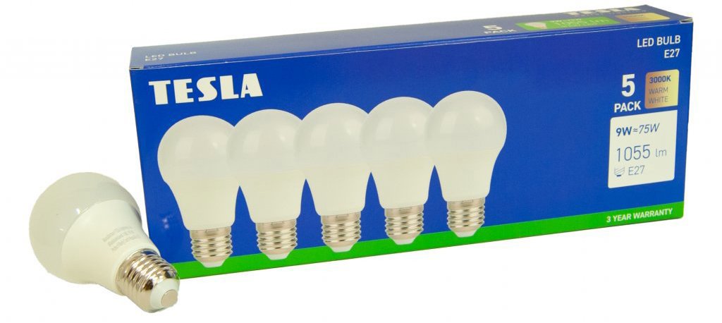 TESLA BULB E27, 9 W, 230 V, 1055 lm, 25000 h, 3000 K teplá biela, 220° – balenie 5 ks