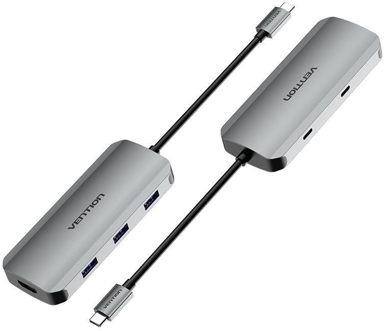 Vention USB-C to HDMI/USB-C 3.2 Gen 1/USB 3.0 × 3/PD Docking Station 0,15 m Gray Aluminum