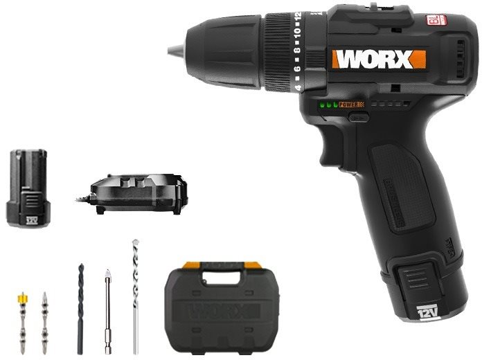 WORX Aku vŕtačka 38 Nm WX121 12 V/2× 2 Ah + sada vrtákov 5 ks