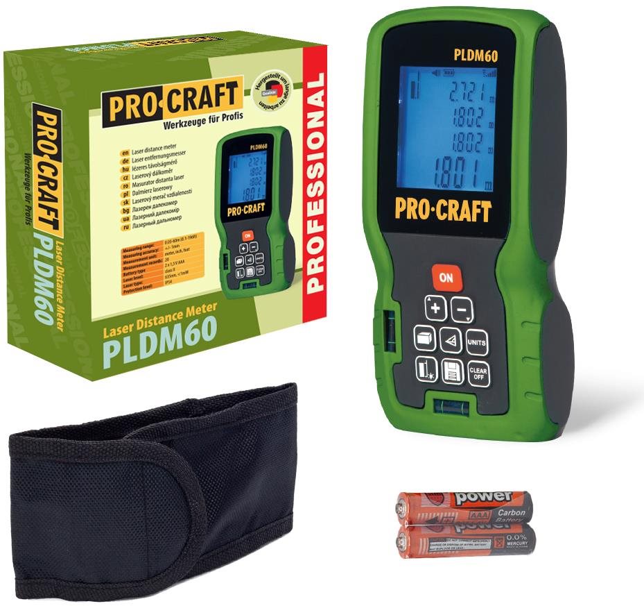 Procraft Laserový diaľkomer PLDM60, 60 m, 2× 1,5 V