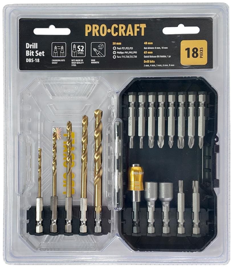 Procraft Sada vrtákov a bitov DBS-18, S2, 18 ks