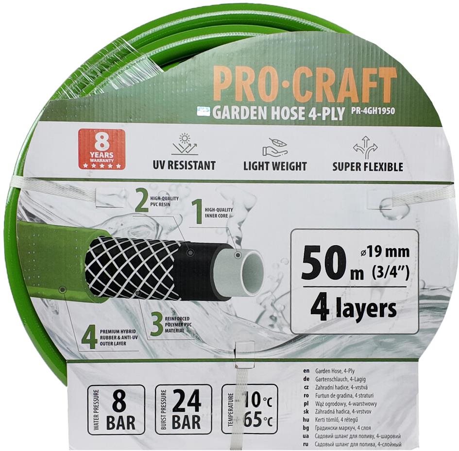PROCRAFT Záhradná hadica PR-4GH1950, zelená, štvorvrstvová, 3/4" 50 m