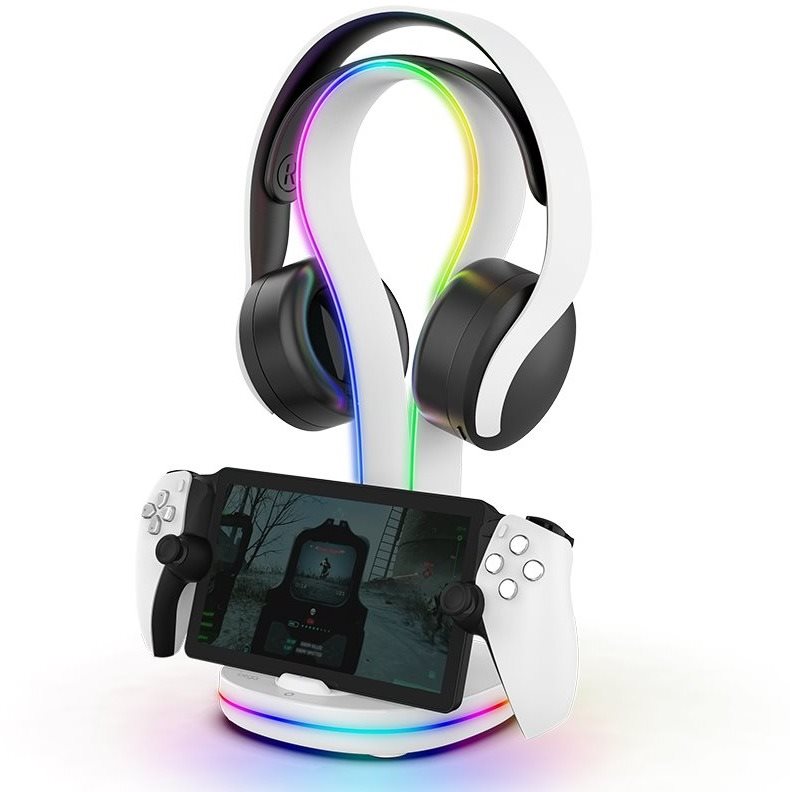 iPega P5P23 Nabíjací RGB Stojan na Playstation Portal Remote Player s Držiakom na Slúchadlá White