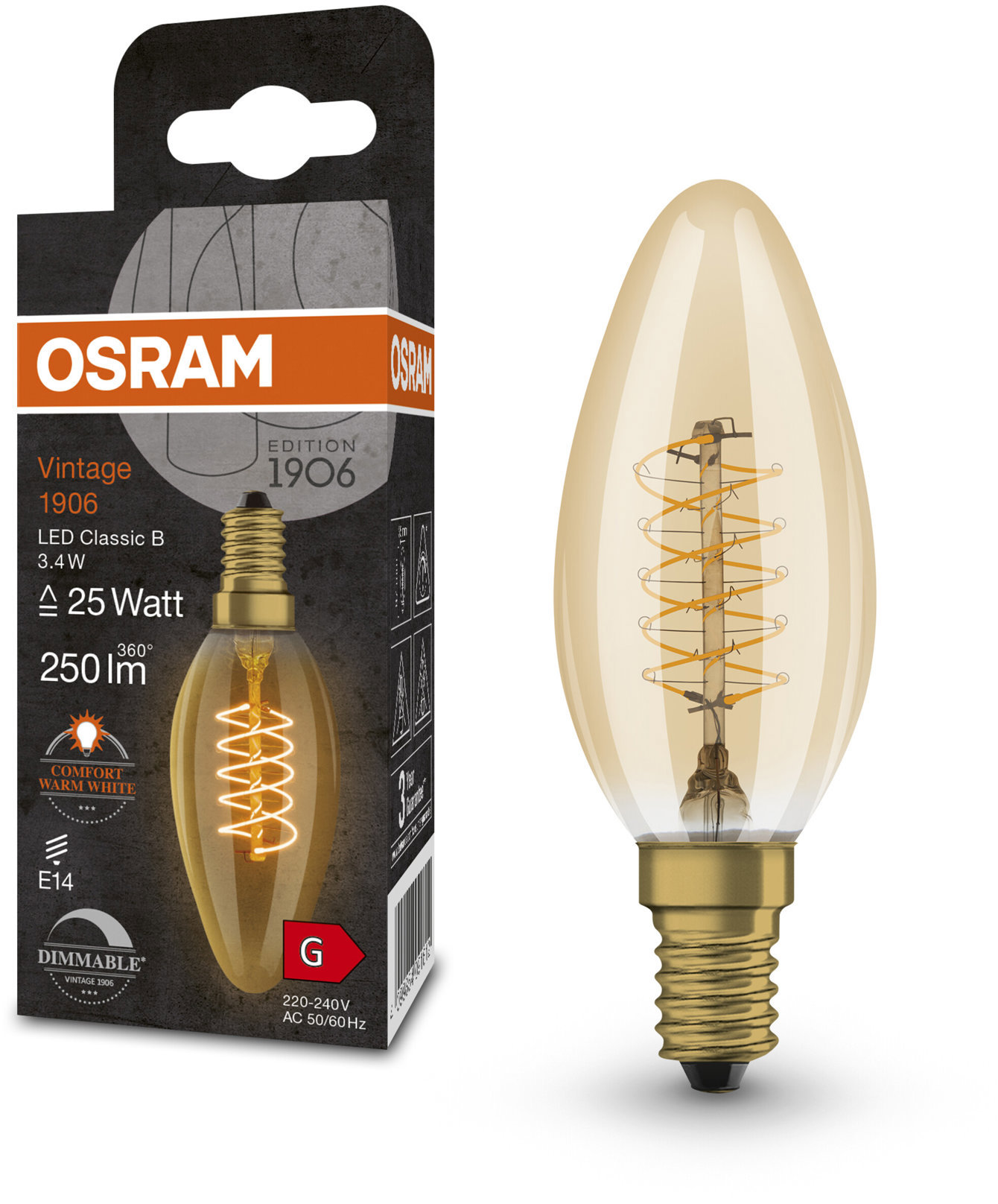OSRAM sviečková vintage LED žiarovka E14 3,4 W CLASSIC B, teplá biela