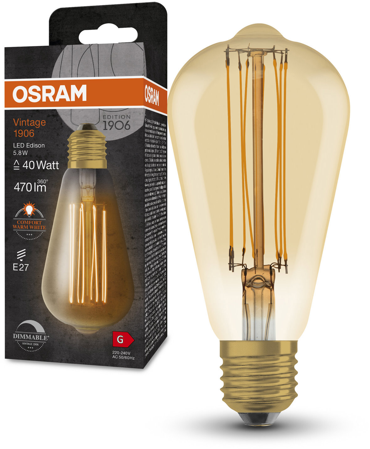 OSRAM stmievateľná vintage LED žiarovka E27 5,8 W EDISON, teplá biela