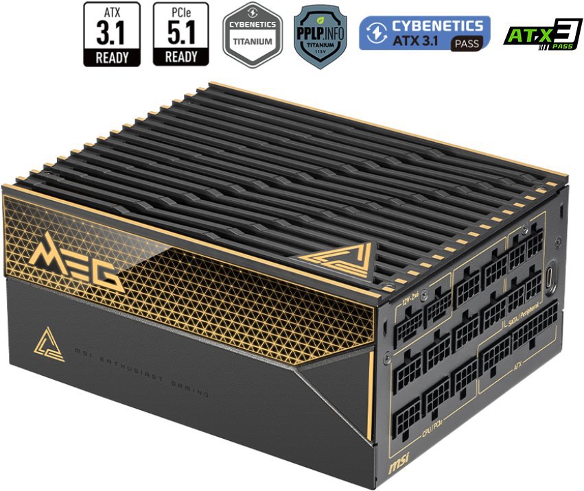Modulárny počítačový zdroj MSI MEG Ai1600T PCIE5 s čiernym povrchom