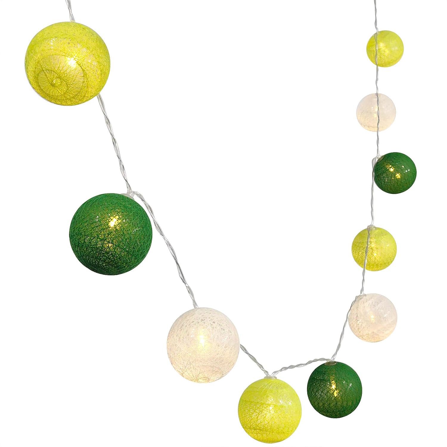 Aca Lighting textilné zeleno-biele guľôčky, teplá biela, 2× AA, 285 cm, IP20