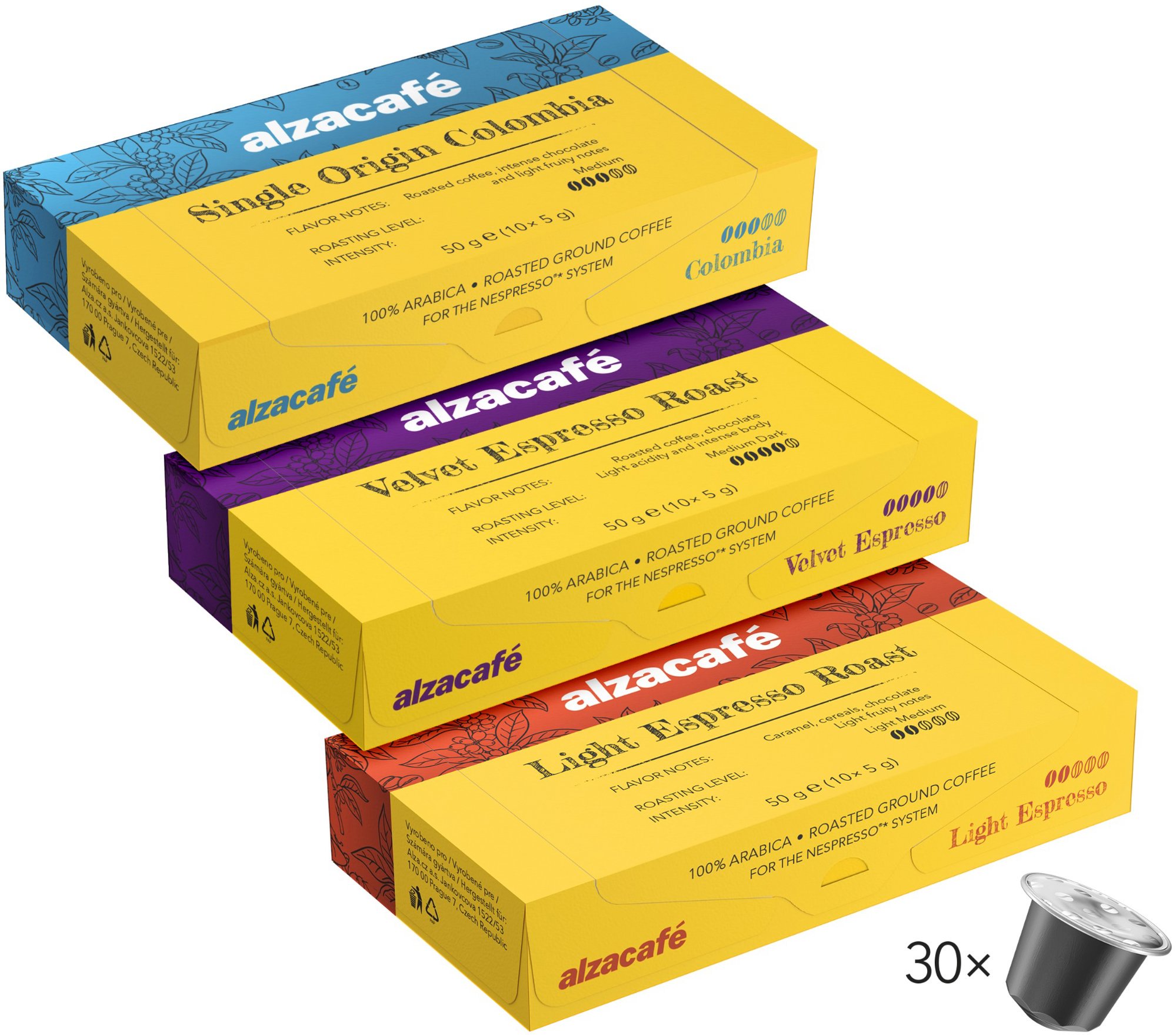 AlzaCafé Light Espresso Roast + Velvet Espresso Roast + Origins Colombian Essence Medium Roast, 3x10