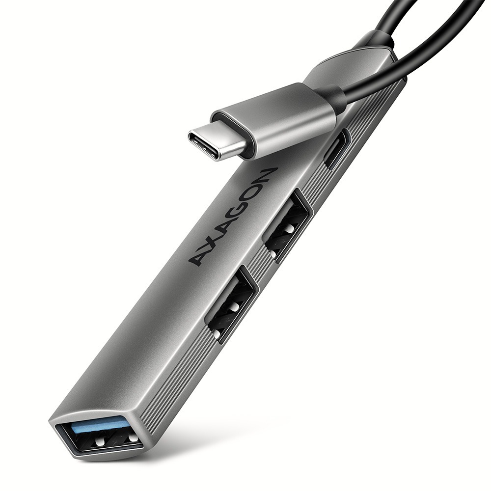AXAGON HUE-STC 4× USB ALU STRIP Hub, 1× USB-A 5 Gbps, 2× USB-A a 1× USB-C 480 Mbps, USB-C cable 12 c
