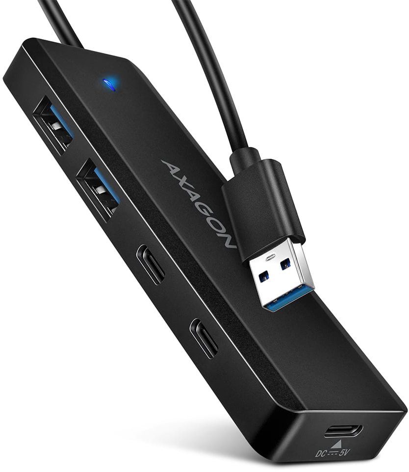 AXAGON HUE-C2A TRAVEL Hub, USB-A 5 Gbps, 2× USB-A, 2× USB-C Power IN, cable 19 cm