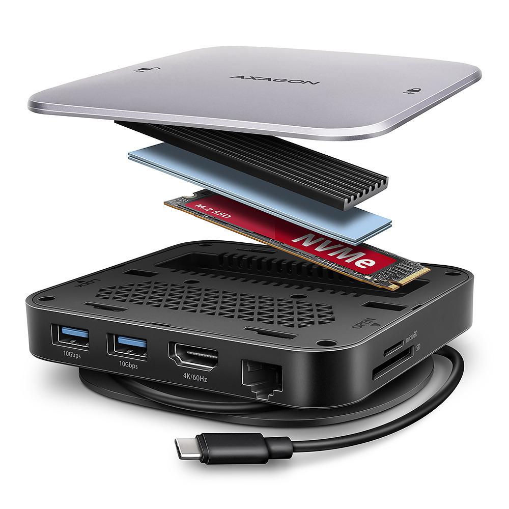AXAGON HMC-UFO, USB-C 10 Gbps Hub, 2× USB-A, USB-C, HDMI 4k/60 Hz, RJ-45, SD/mSD, M.2 slot, audio, PD