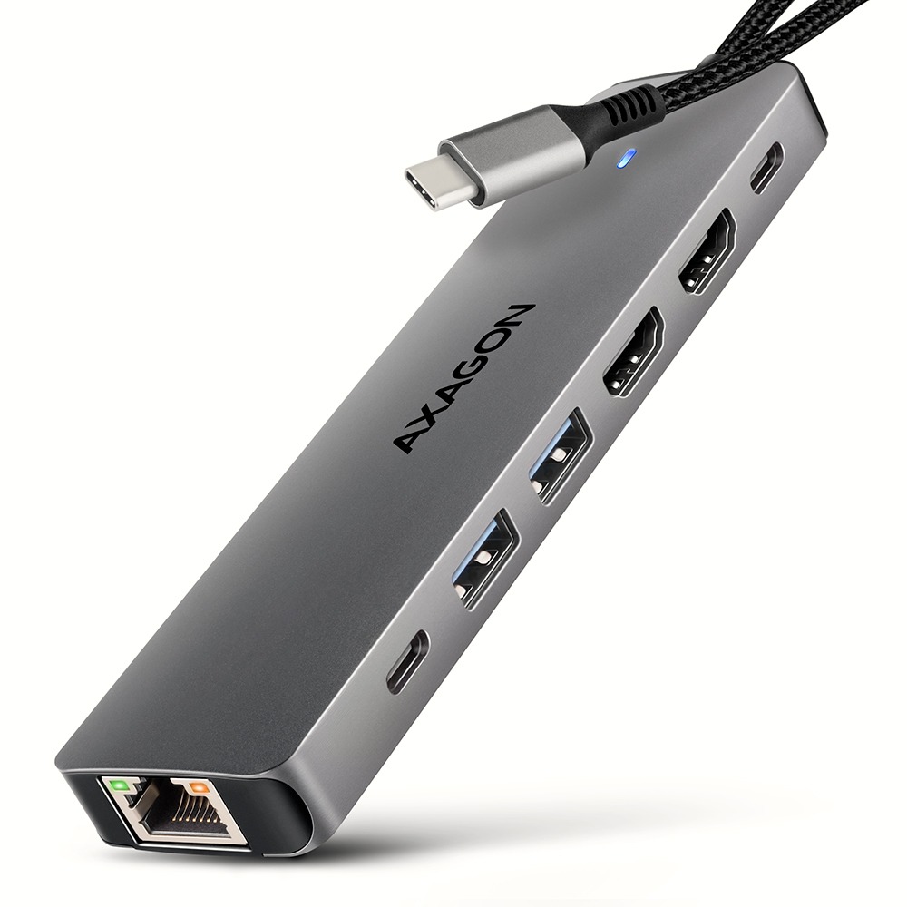 AXAGON HMC-7HX2, 7-in-1 Hub, USB-C 5Gbps, 2× USB-A, 1× USB-C, 2× HDMI 4K/60, RJ-45, PD 100 W