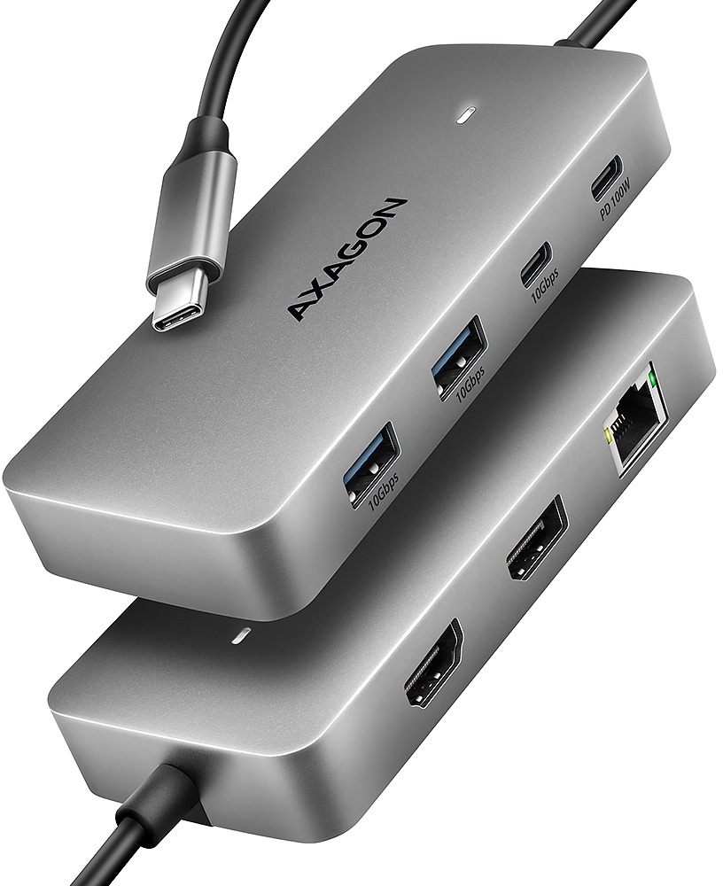 AXAGON HMC-CUB83X2, 7-in-1 Hub, USB-C 10 Gbps, 2× USB-A, 1× USB-C, HDMI & DP 4K/144 Hz, RJ-45, PD 10
