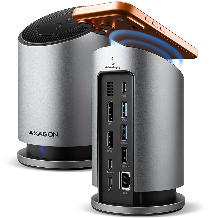AXAGON HMC-WL9, USB-C 10 Gbps Dock with Qi, 3× USB-A, 1× USB-C, HDMI & DP 4K/60 Hz, RJ-45, PD 100 W