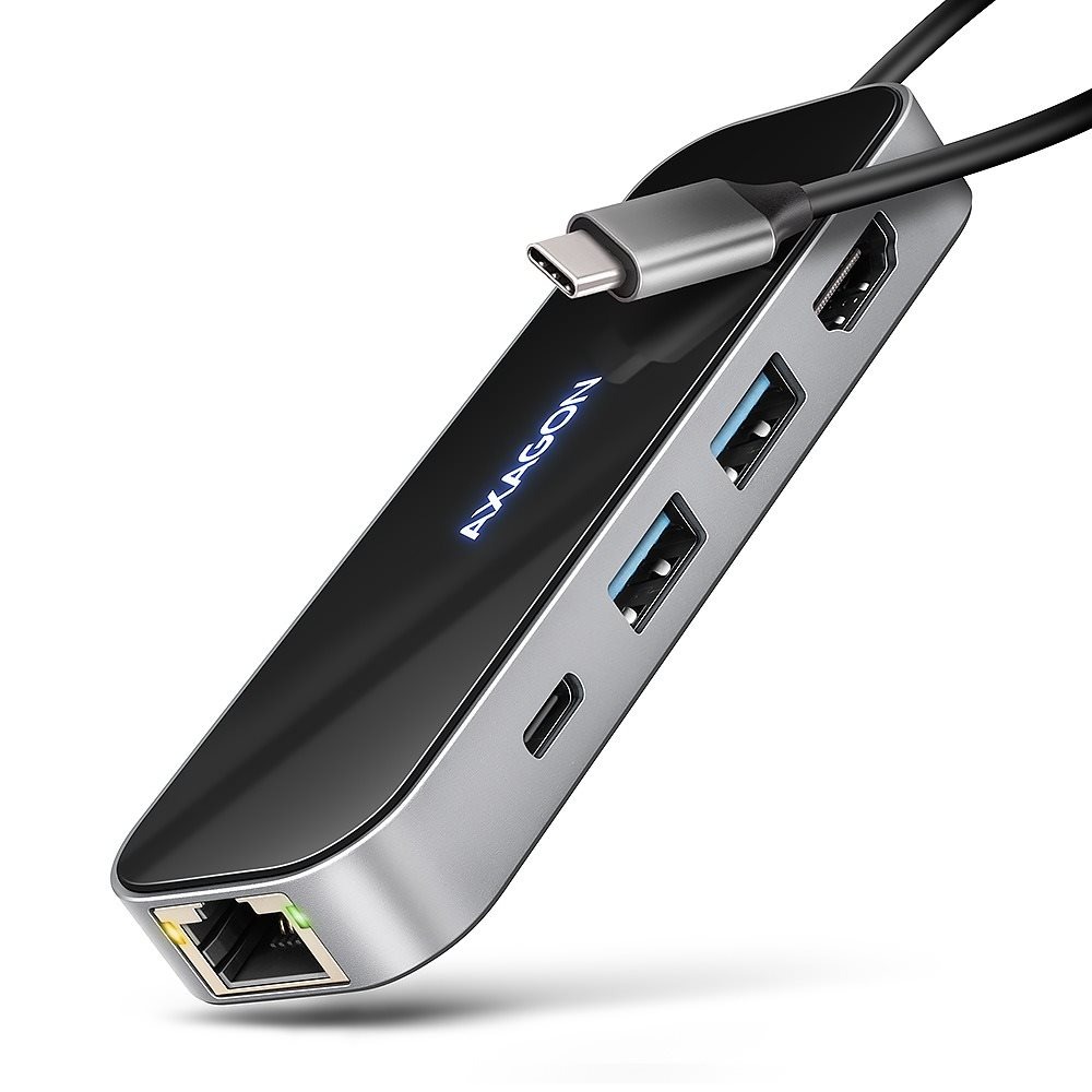 AXAGON HMC-6GLN GLASS 6-in-1 Hub, USB-C 5 Gbps, 2× USB-A, USB-C, HDMI 4k/60 Hz, RJ-45, PD 100 W