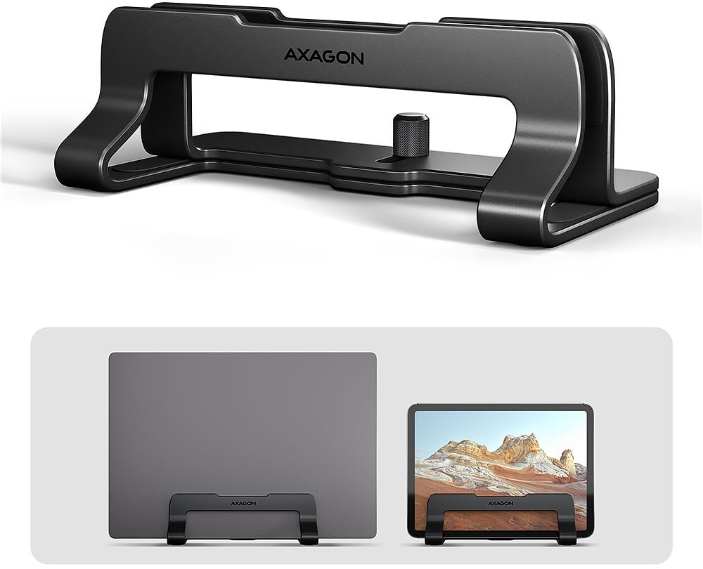 AXAGON STND-VB vertikálny hliníkový stojan na notebook 10" – 17,3" nastaviteľný rozostup, čierny