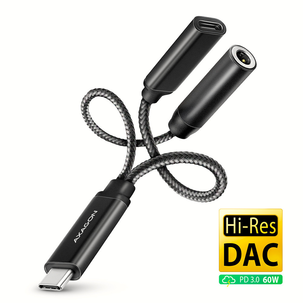 AXAGON ADA-HCPD, Hi-Res DAC audio adaptér, 384 kHz/32 bit stereo, USB-C to 3,5 mm jack & PD 60 W/3 A