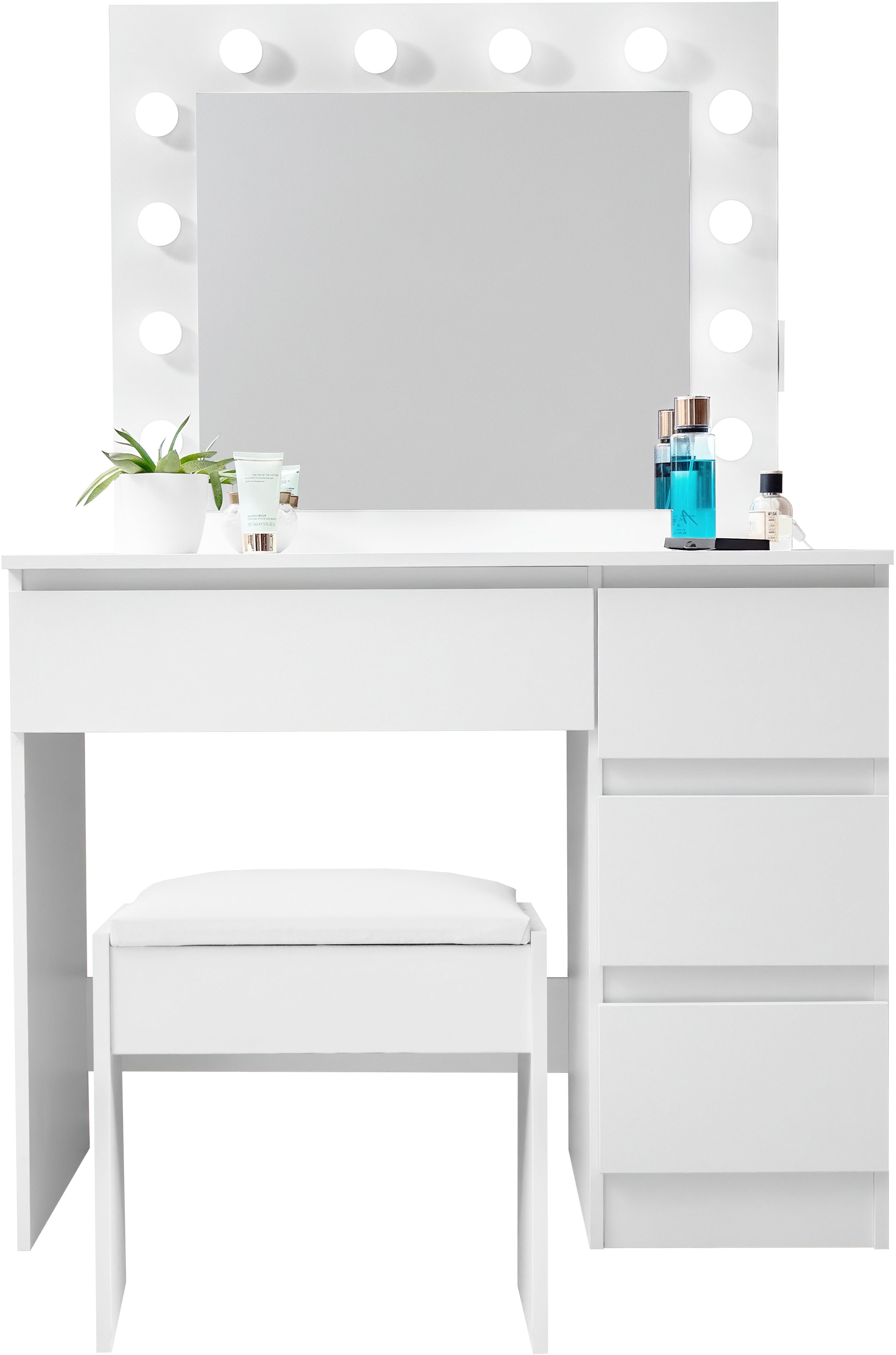 Aga Toaletný stolík MRDT09 so zrkadlom, osvetlením a el. zásuvkou + taburet, matný biely