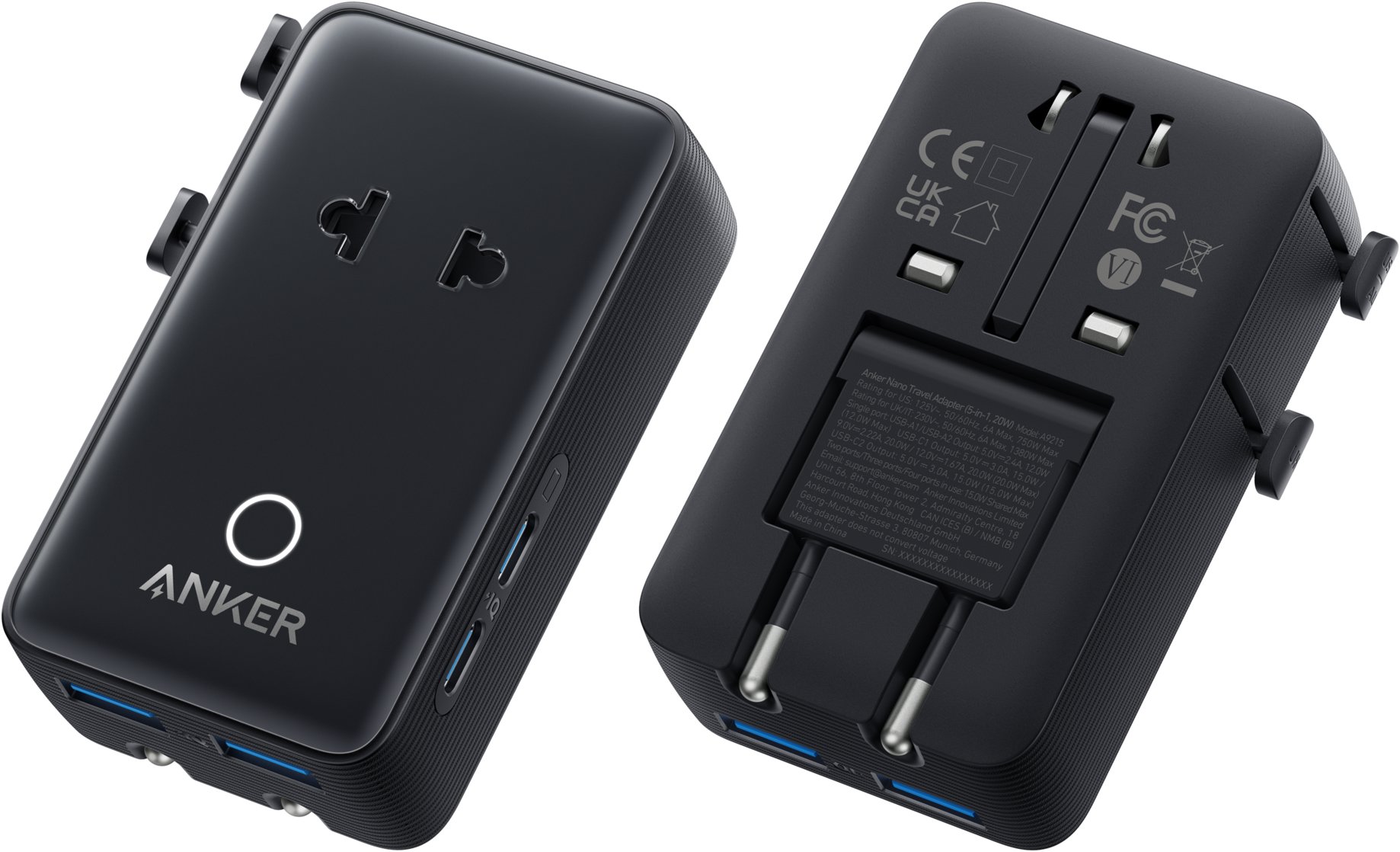 Anker Nano 20W 2×USB-C, 2×USB, s adaptérmi na zásuvky UK/US/AU/EU čierny
