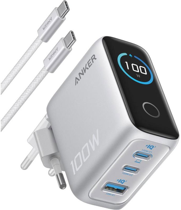 Anker 100 W, 2× USB-C, 1× USB strieborná