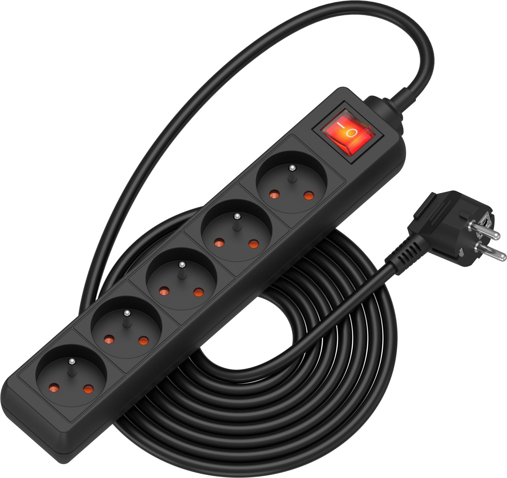 AlzaPower predlžovací prívod 230V 5 zásuviek vypínač 5m čierny