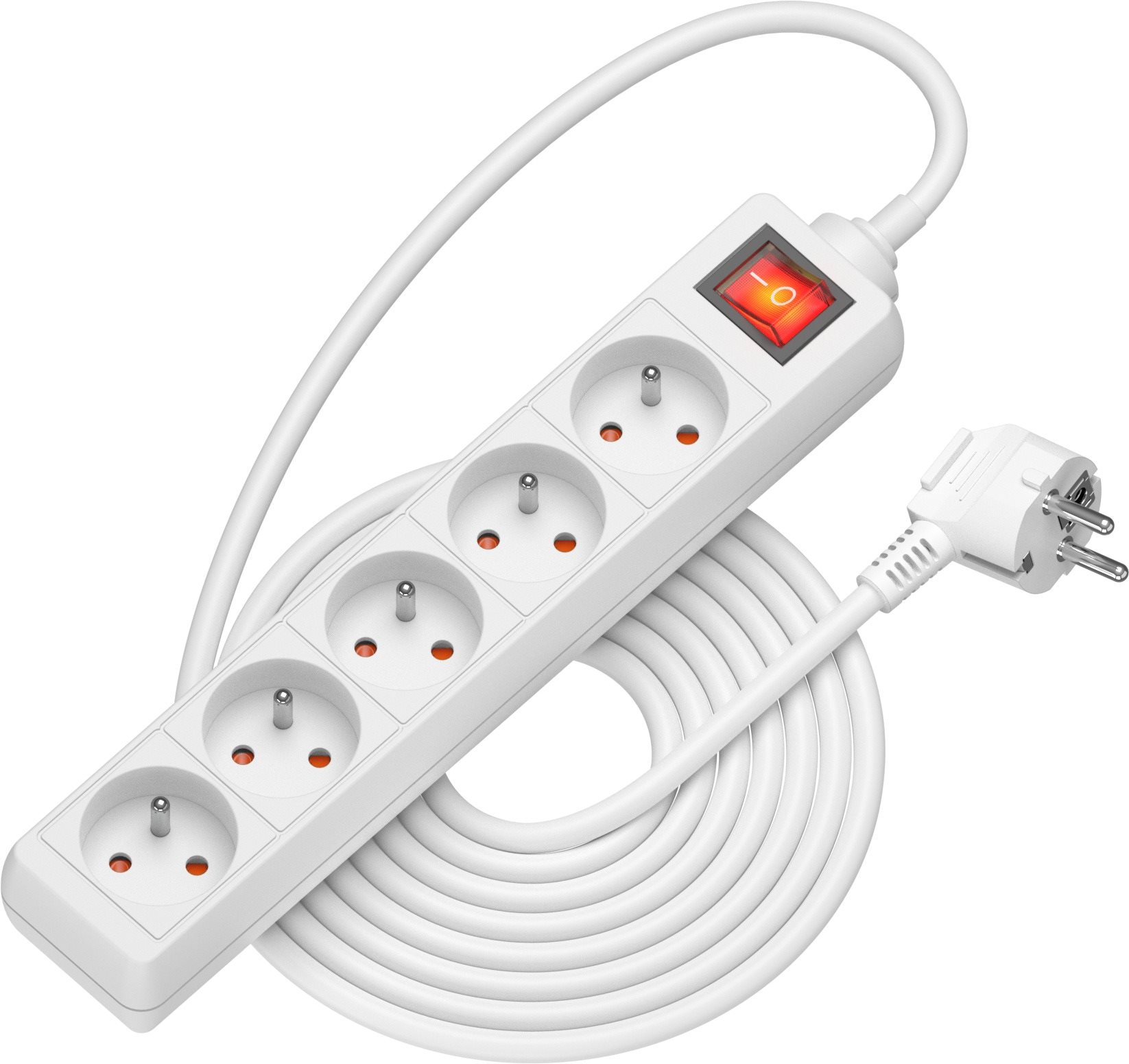 AlzaPower predlžovací prívod 230V 5 zásuviek vypínač 5m biely