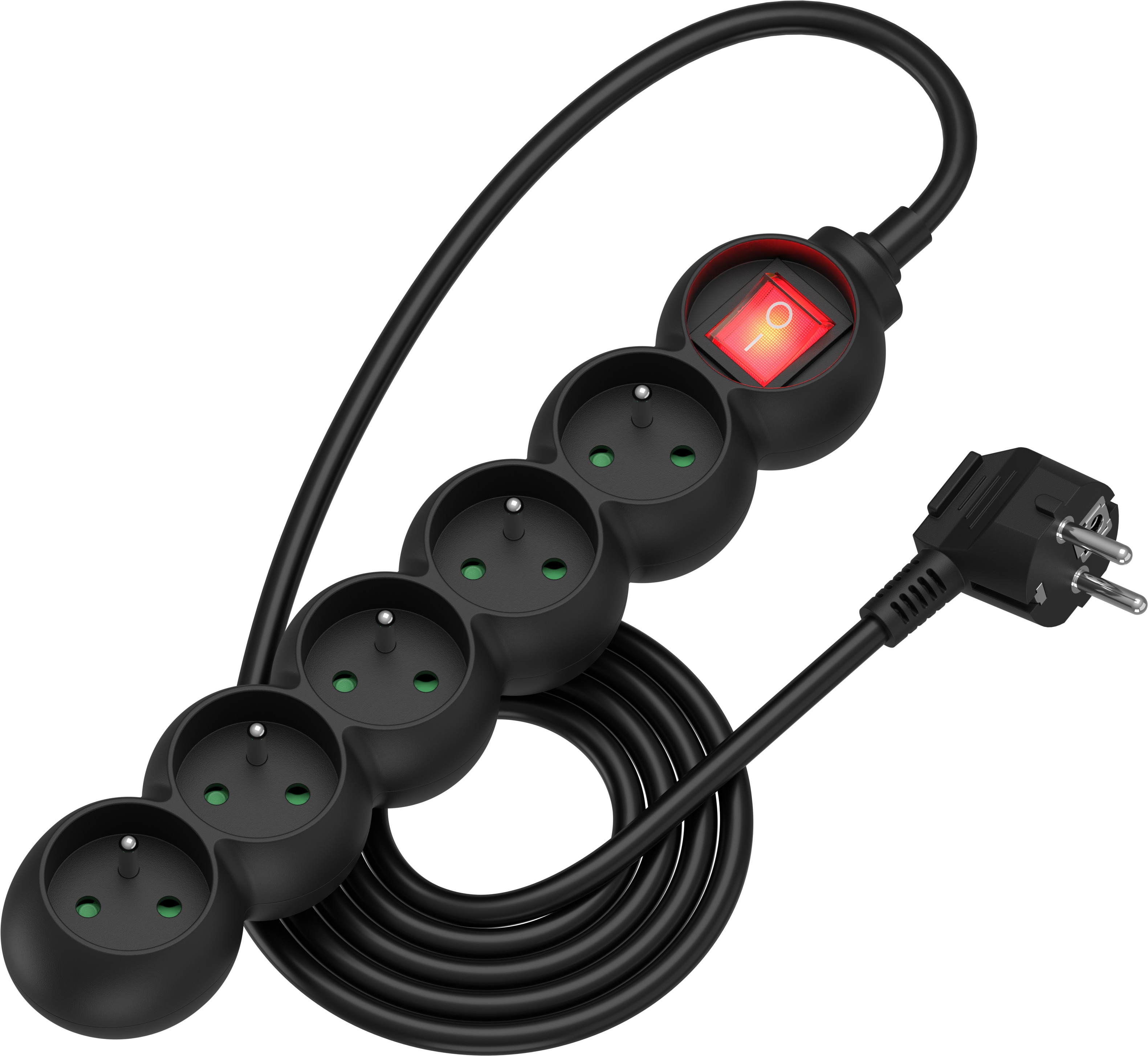 AlzaPower Arc predlžovací prívod 230 V 5 zásuviek vypínač 2 m čierny
