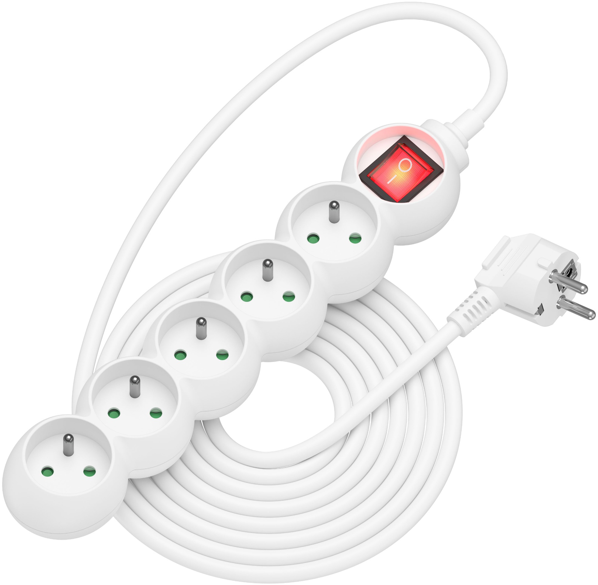 AlzaPower Arc predlžovací prívod 230 V 5 zásuviek vypínač 5 m biely