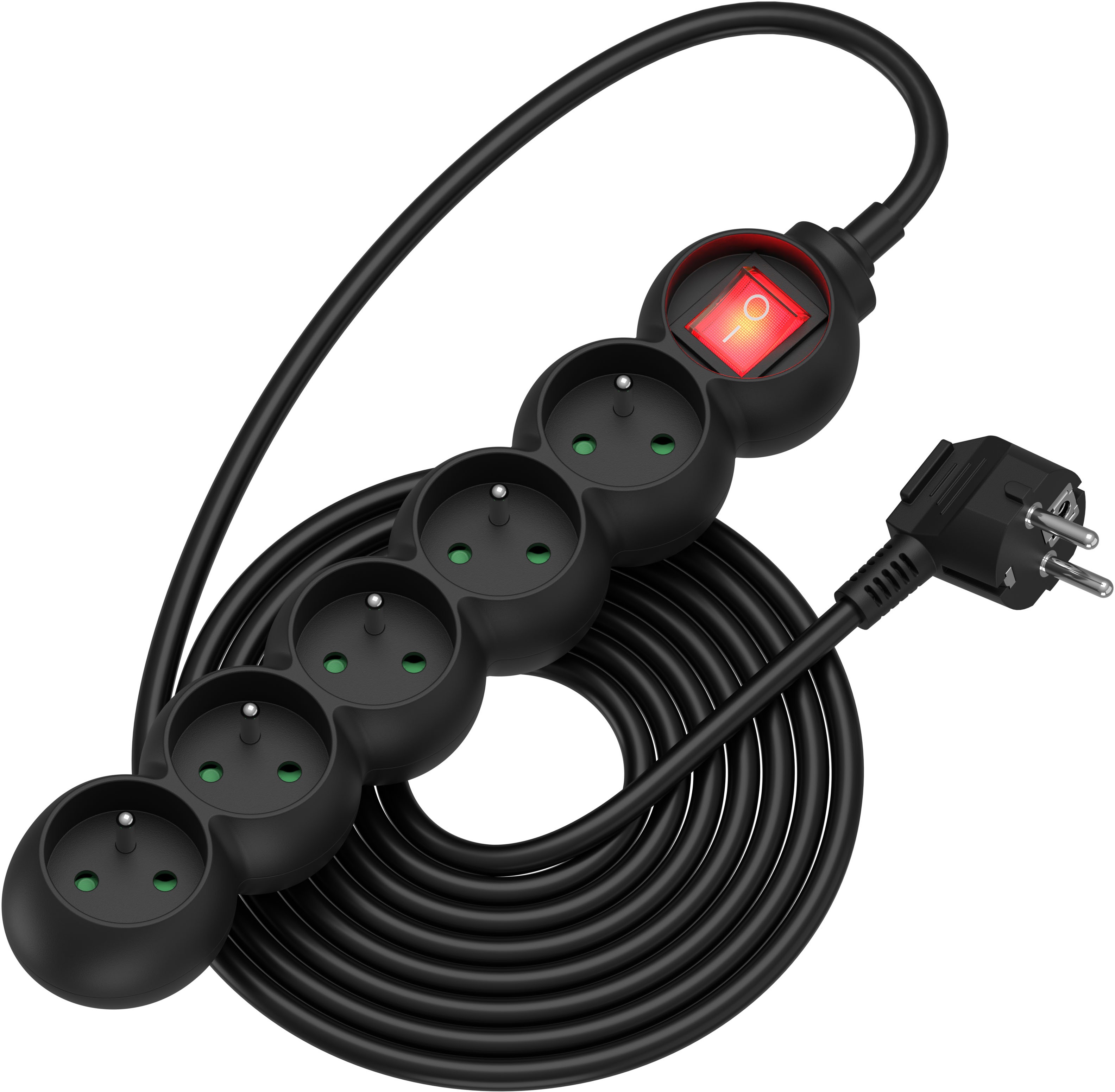 AlzaPower Arc predlžovací prívod 230 V 5 zásuviek vypínač 5 m čierny