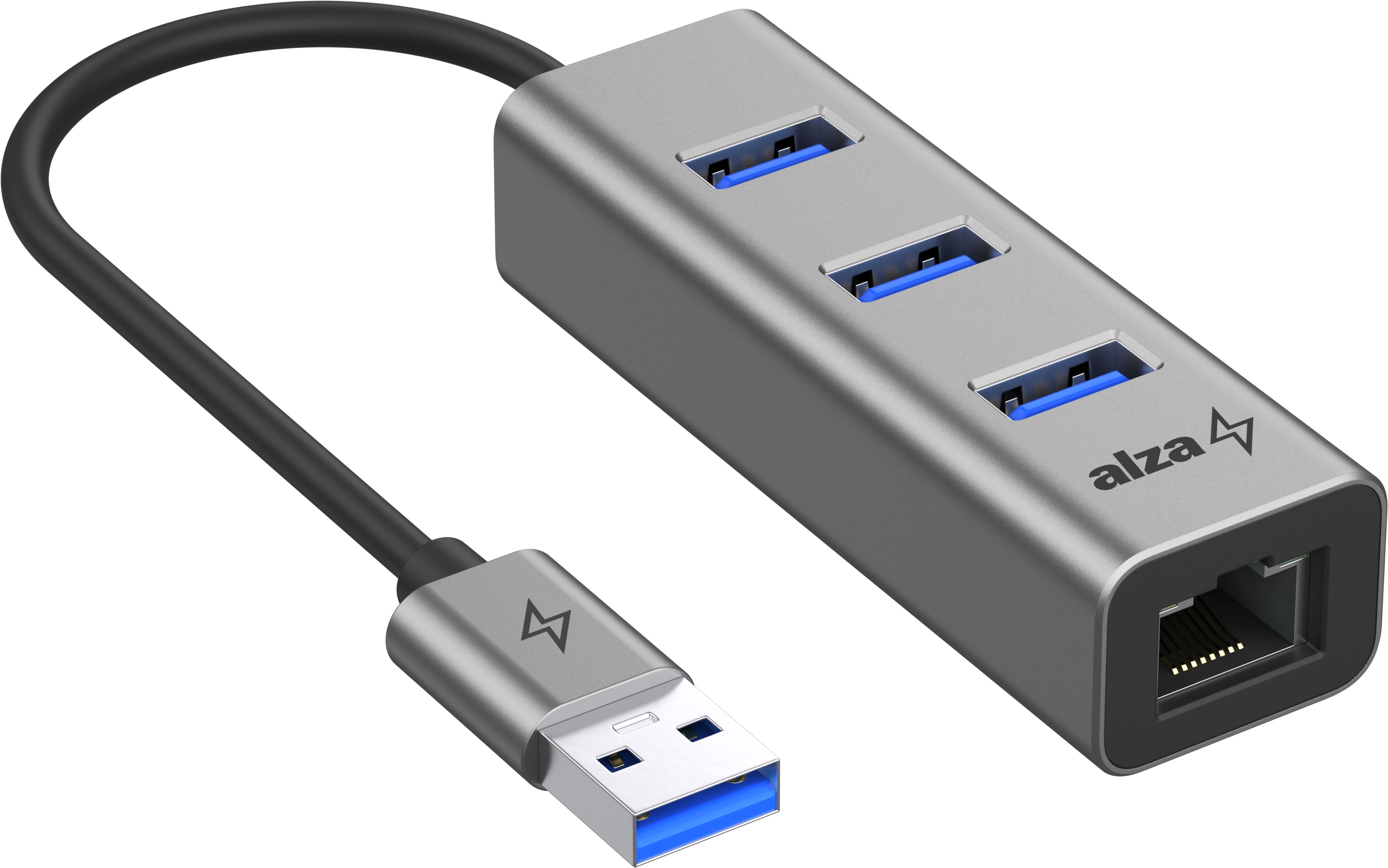 AlzaPower Metal USB hub USB-A (M) na 3× USB-A 3.0 (F) s RJ45 vesmírne sivý
