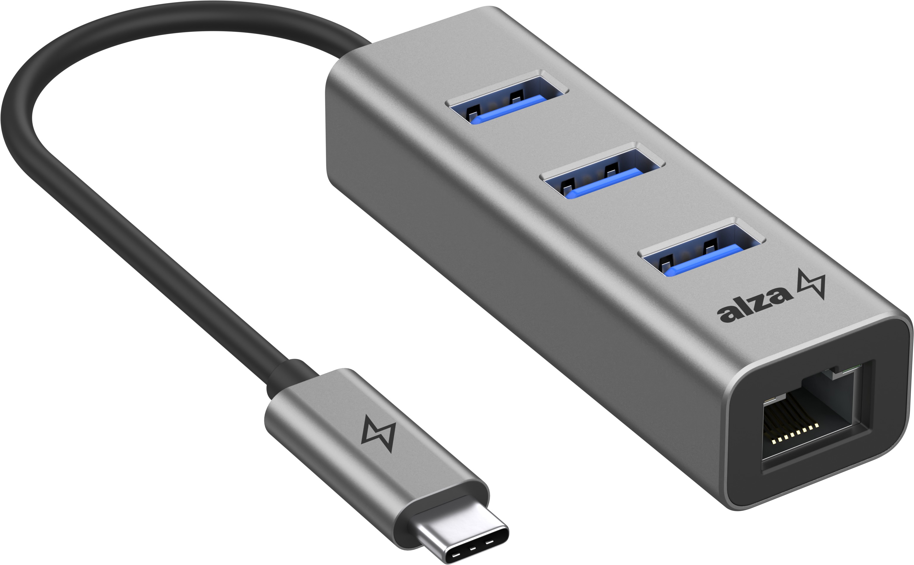 AlzaPower Metal USB hub USB-C (M) na 3× USB-A 3.0 (F) s RJ45 vesmírne sivý