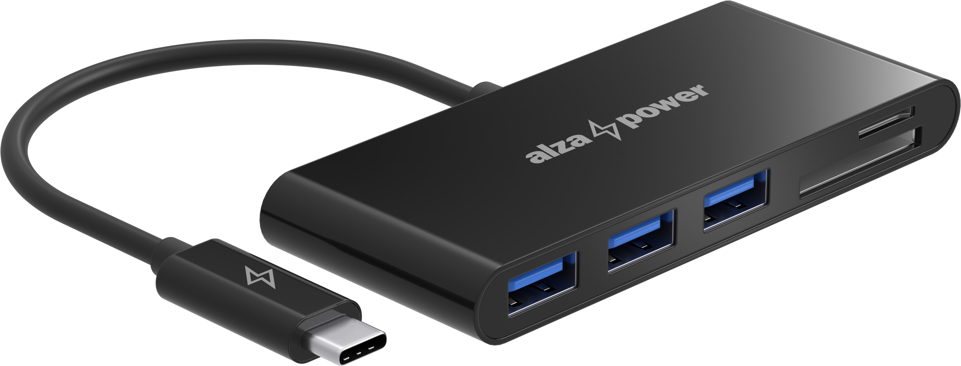 AlzaPower USB hub USB-C (M) na 3× USB-A 3.0 (F) a Card Reader čierny
