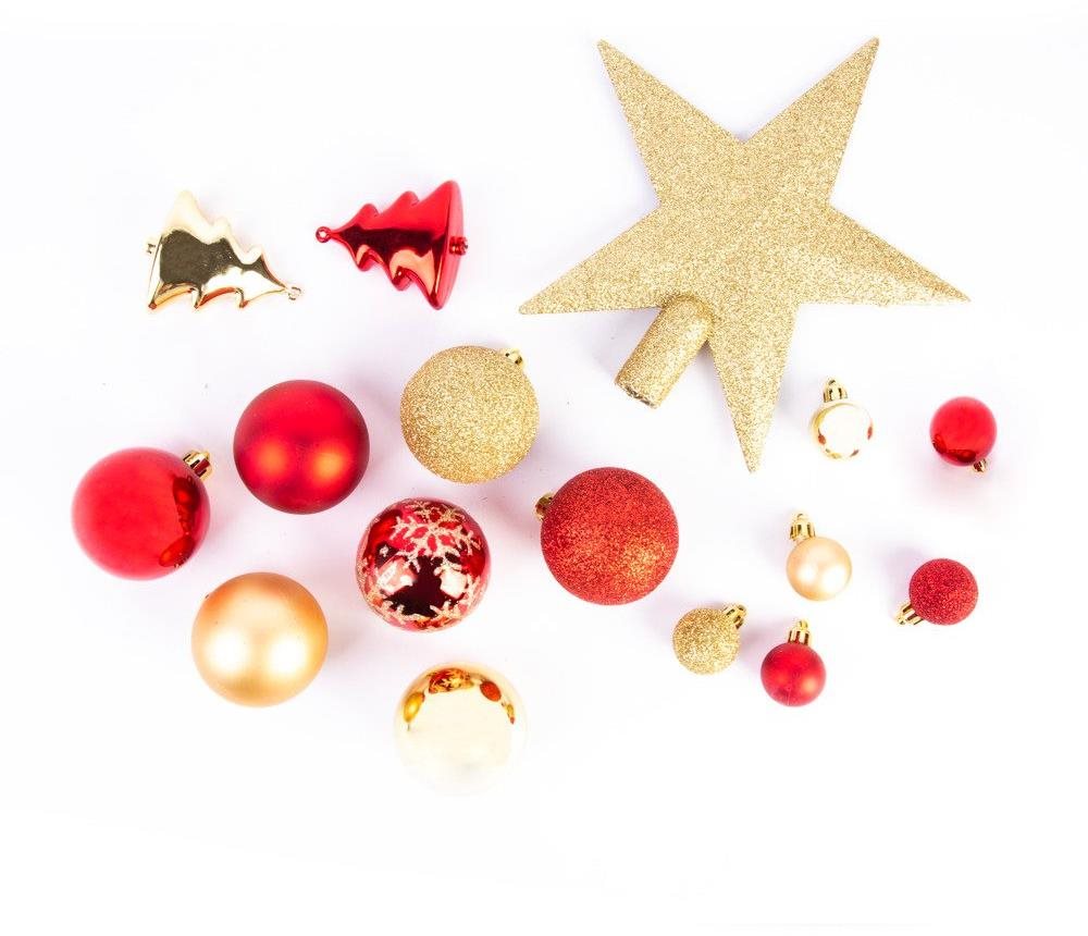 FÉÉRIC LIGHTS AND CHRISTMAS Vianočné ozdoby – gule s hviezdou, zlaté a červené, 44 ks