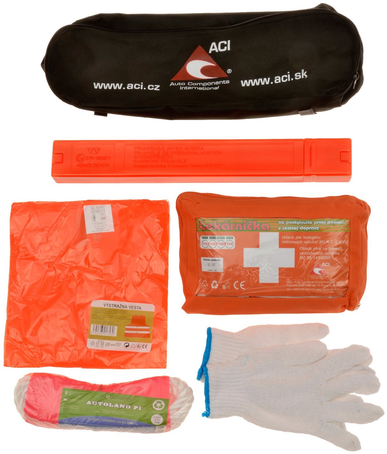 ACI Povinná výbava SK – lekárnička, trojuholník, lano (1,9 t), vesta, rukavice, čierna taška