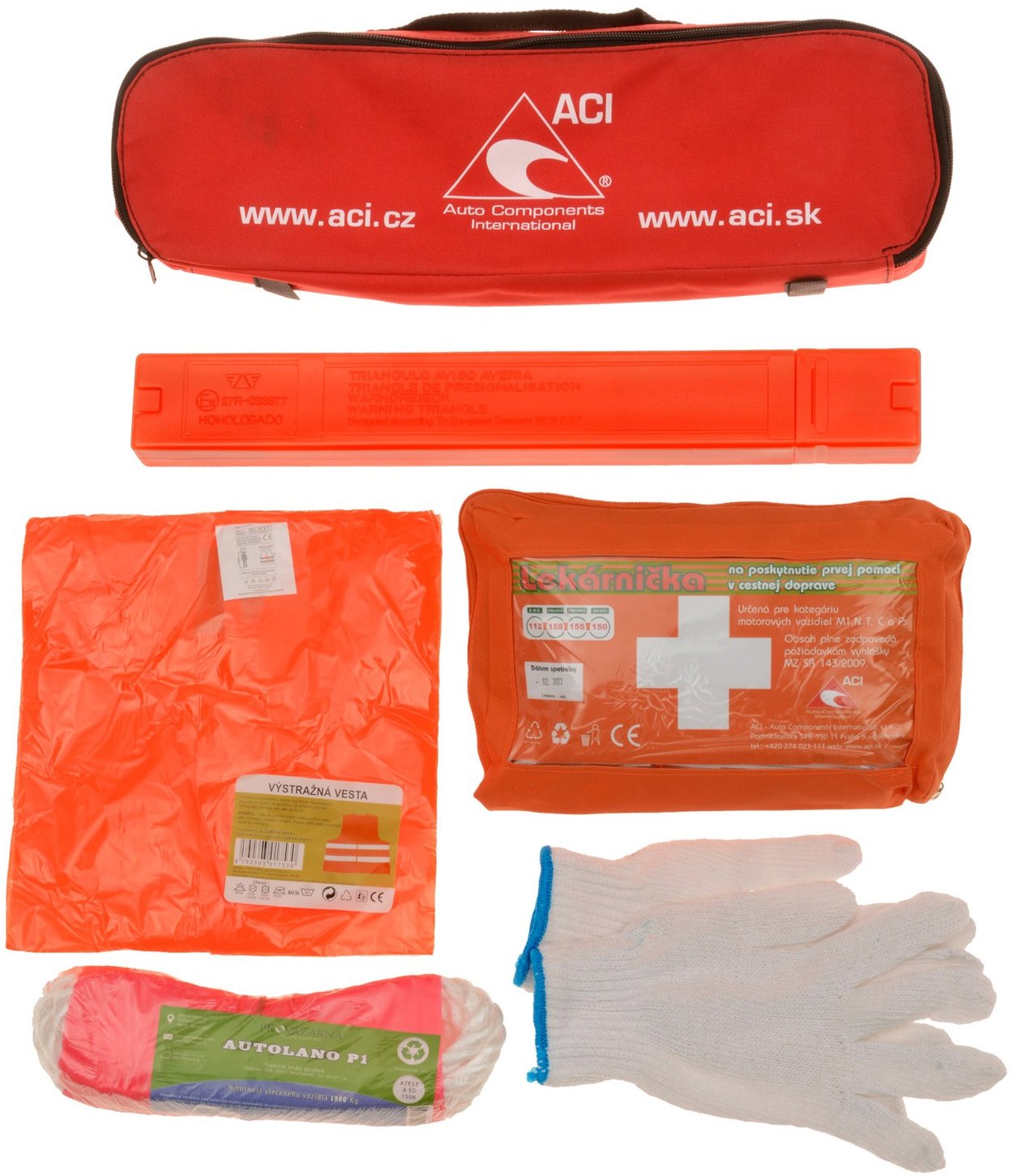ACI Povinná výbava SK – lekárnička, trojuholník, lano (1,9 t), vesta, rukavice, červená taška