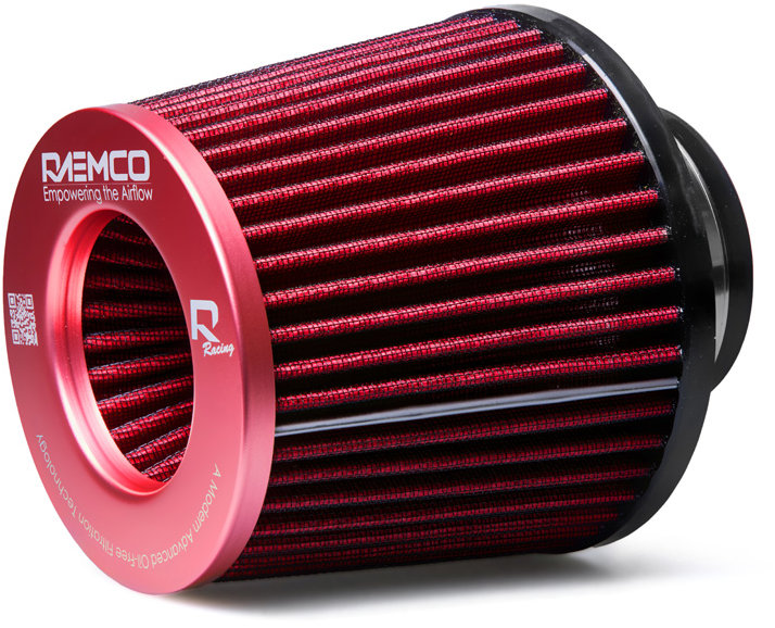 Raemco športový vzduchový filter, dĺžka 130 mm, vstup 77 mm, farba červená