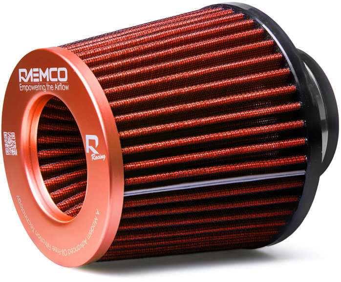 Raemco športový vzduchový filter, dĺžka 130 mm, vstup 77 mm, farba oranžová