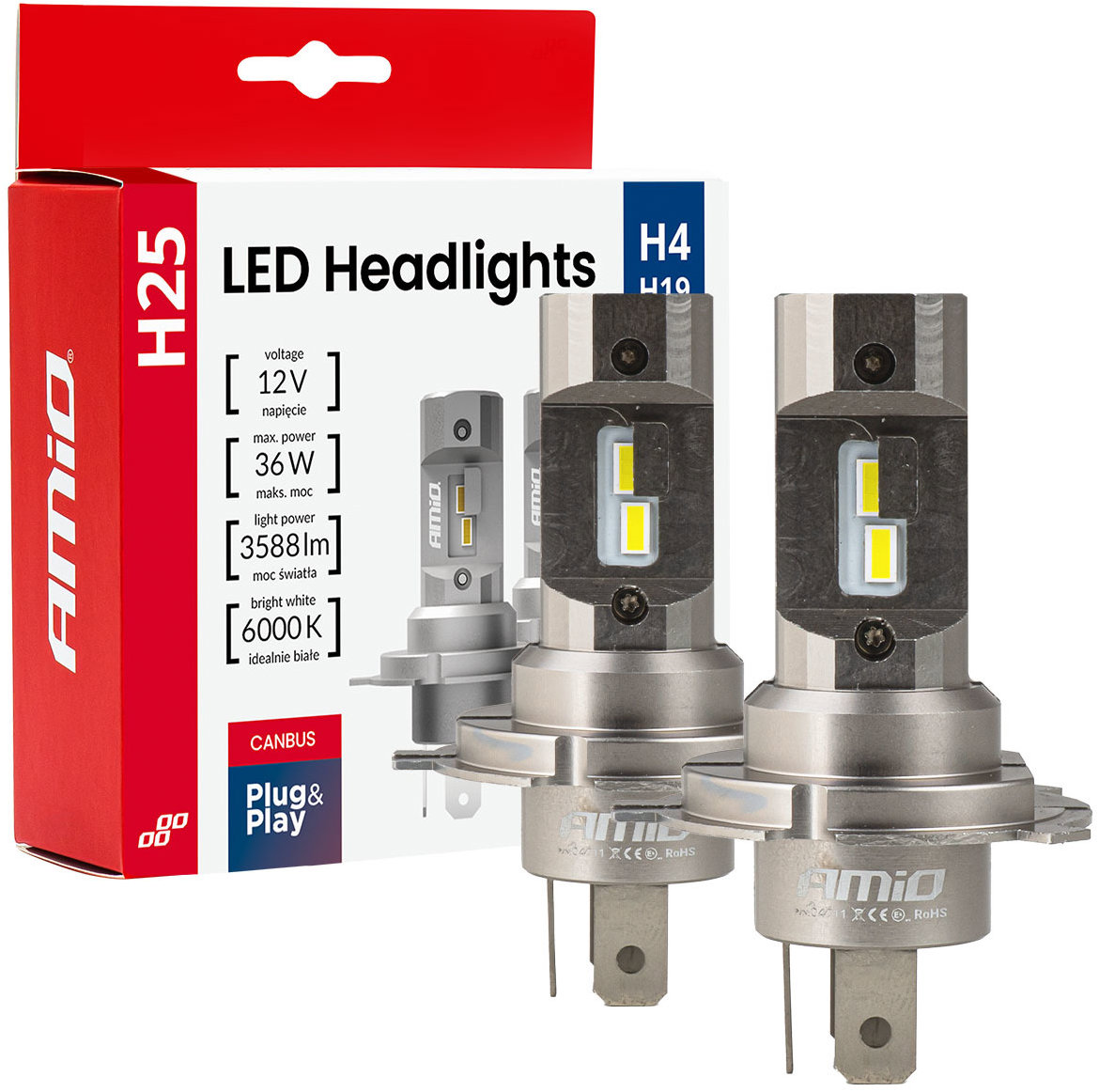 AMIO LED H4/H19 36 W – biela (pätica P43t), sada 2 ks