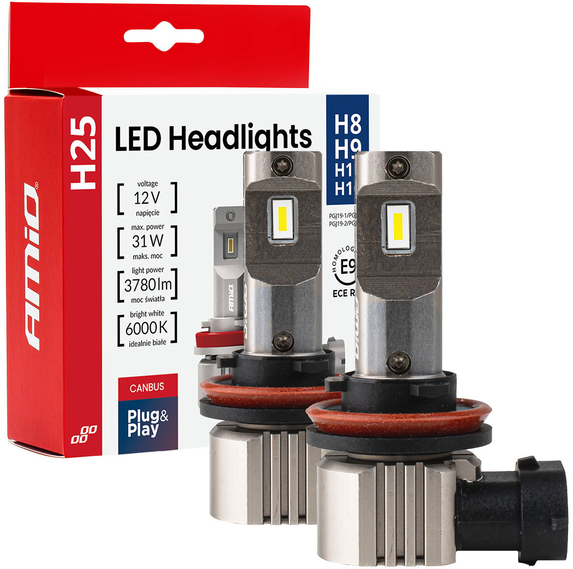 AMIO LED H8/H9/H11/H16 31 W – biela (pätica PGJ 19-5), súprava 2 ks