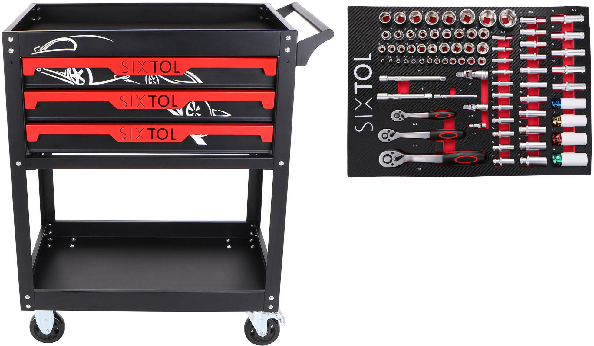 SIXTOL Dielenský vozík s náradím Mechanic Trolley Jason 80, 3 zásuvky, 1 polica, 80 ks náradia