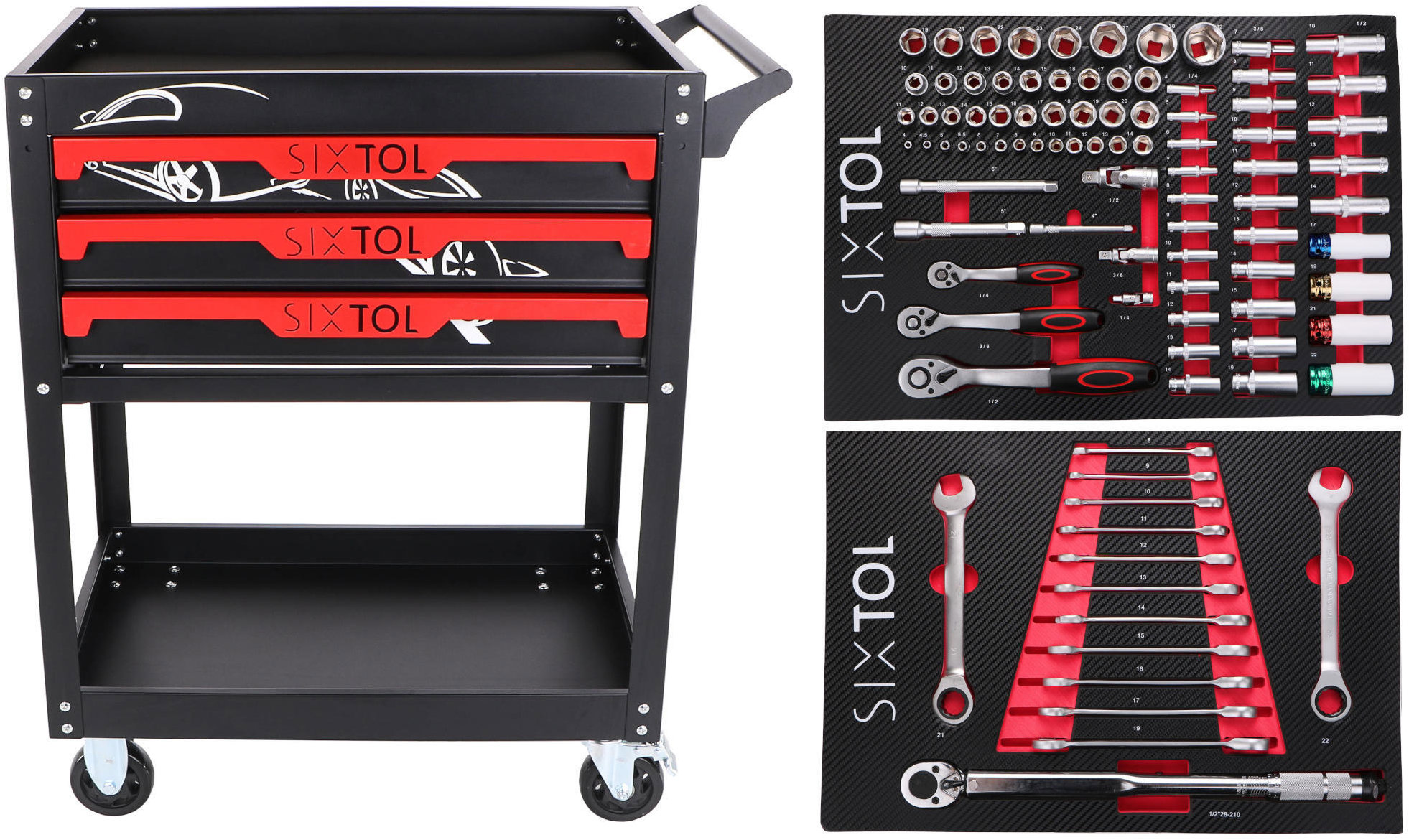 SIXTOL Dielenský vozík s náradím Mechanic Trolley Jason 94, 3 zásuvky, 1 polica. 94 ks náradia