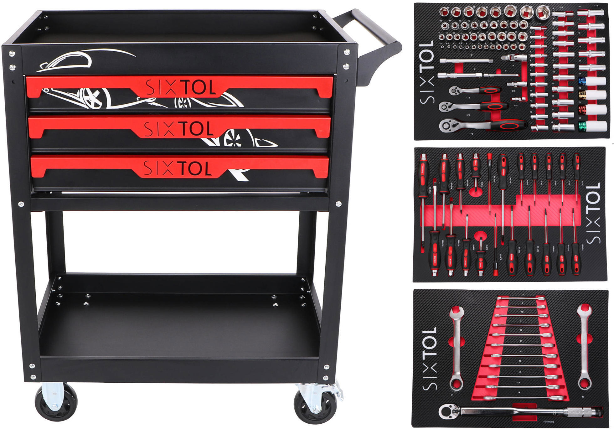 SIXTOL Dielenský vozík s náradím Mechanic Trolley Jason 115, 3 zásuvky, 1 polica, 115 ks náradia