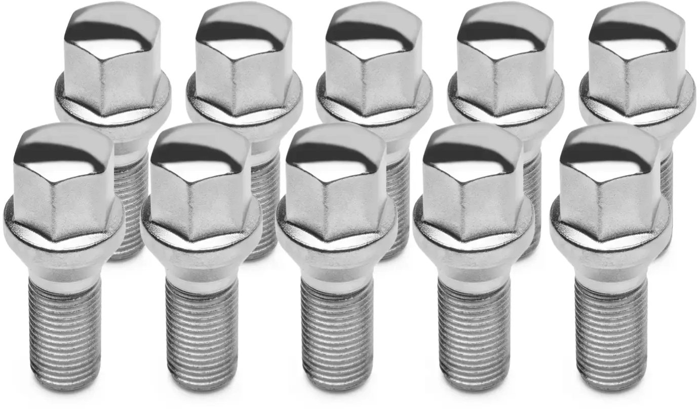TPI kolesové skrutky (10 ks), kužeľová plocha, šesťhran 17 mm, M14 × 1,5, 28 mm, farba chrómová
