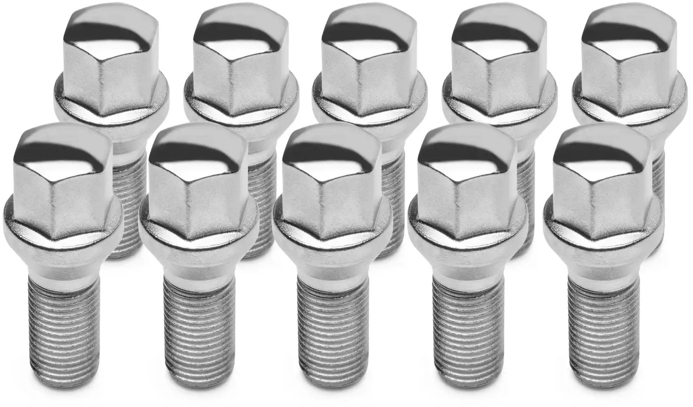 TPI kolesové skrutky (10 ks), kužeľová plocha, šesťhran 17 mm, M14 × 1,25, 45 mm, farba chrómová