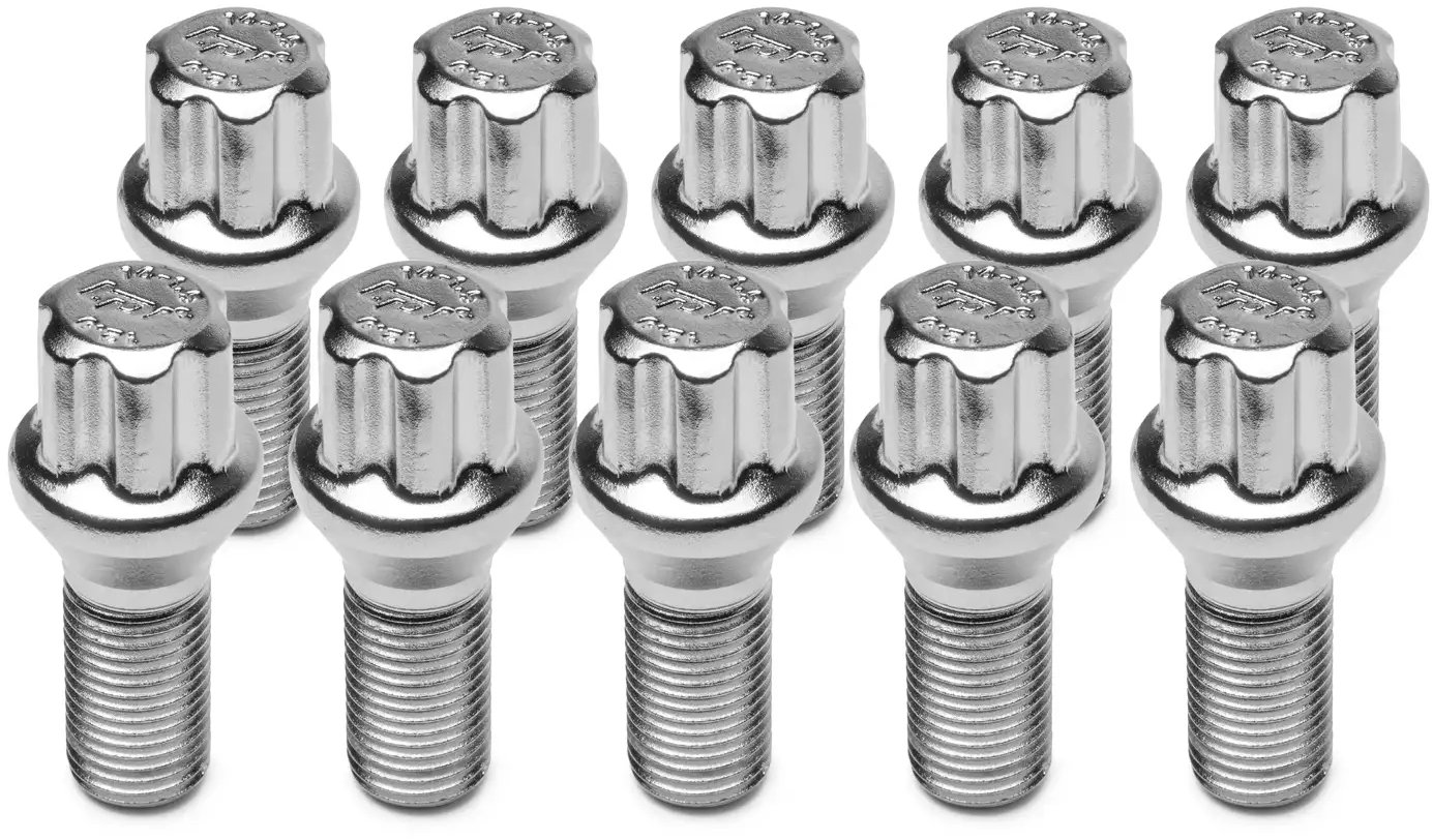 TPI kolesové skrutky (10 ks), kužeľová plocha, kvetinka 17 mm, M14 × 1,5, 28 mm, farba strieborná