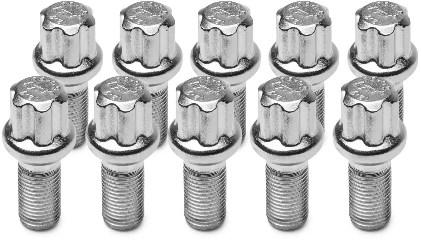 TPI kolesové skrutky (10 ks), guľová plocha R13, kvetinka 17 mm, M14 × 1,5, 45 mm, farba strieborná